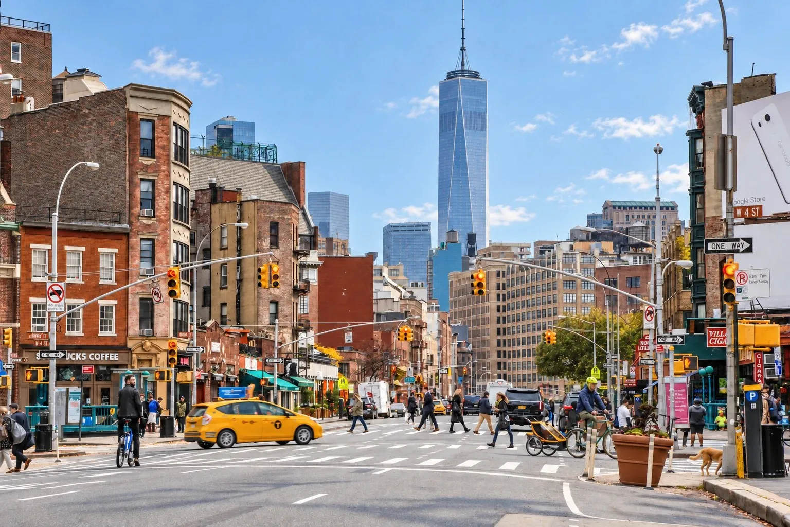 A busy West Village intersection with One World Trade Center in the distance